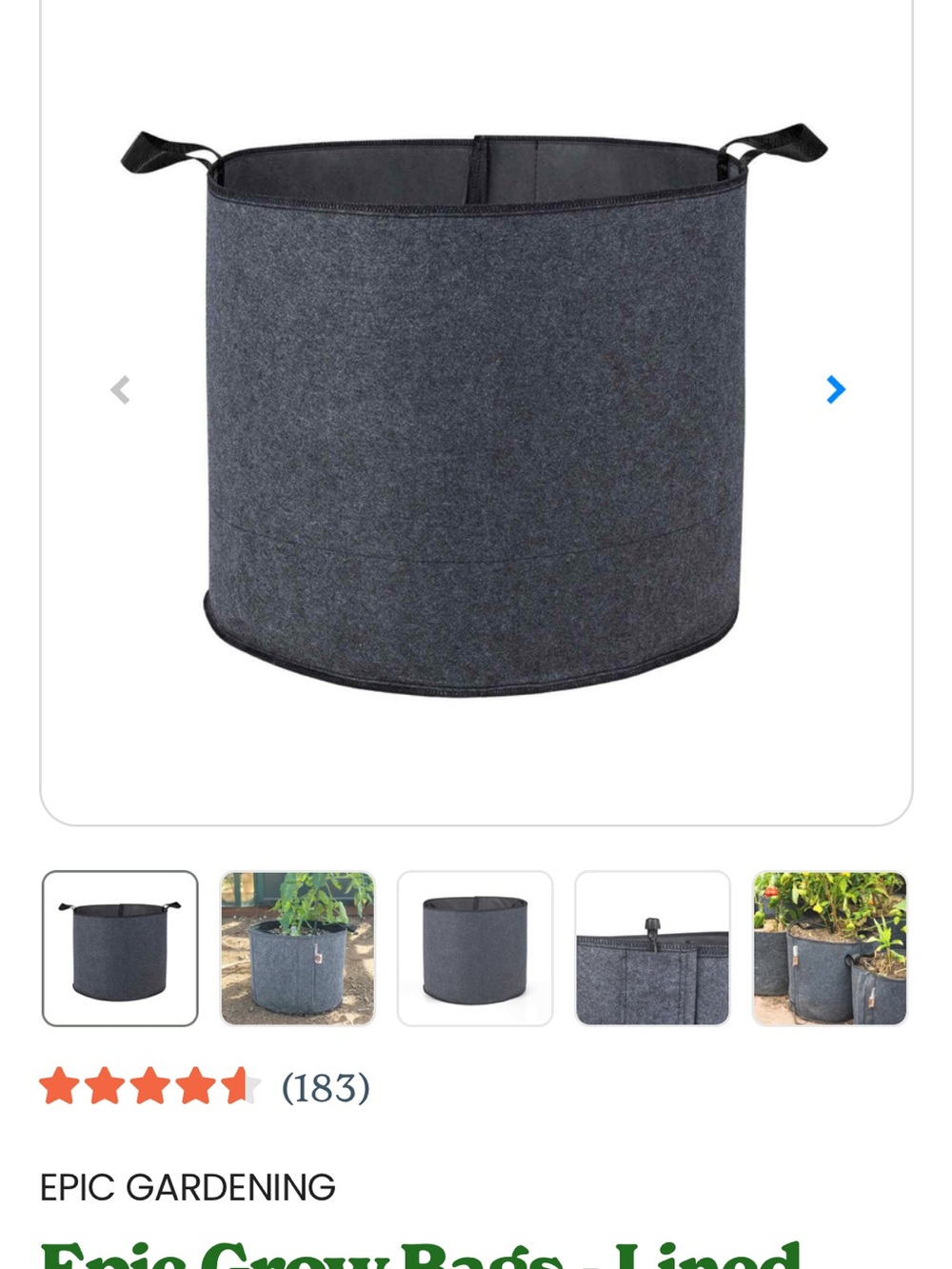 5 pack of 5gallon Fabric Grow Bags in Dark Gray with Handles